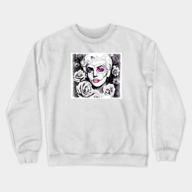 Retro sugar skull blonde with roses black and white Crewneck Sweatshirt by AnnArtshock